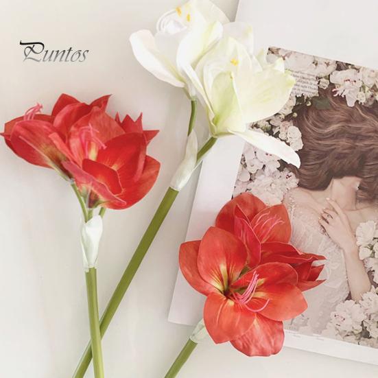 Artificial Flower 22" Real Touch Amaryllis Bouquet Long Stem Fake Silk with High Simulation 2 Full Blooms And 1 Bud for Home Office Vase Floral