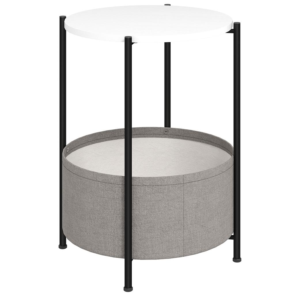 Round Side Table With Fabric Basket Two Tier Coffee Table For Living Room Bedroom Small Spaces Metal Gray White