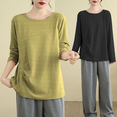 Футболка, топы, женская хлопковая блузка, свободная, удобная, эластичная, с длинным рукавом, однотонная, с круглым вырезом, свободные топы