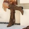 Women Western Cowboy Leopard Knee High Boots Pointed Toe Chunky High Heels Tassel Long Boots Woman Autumn Fringed Botas Shoes