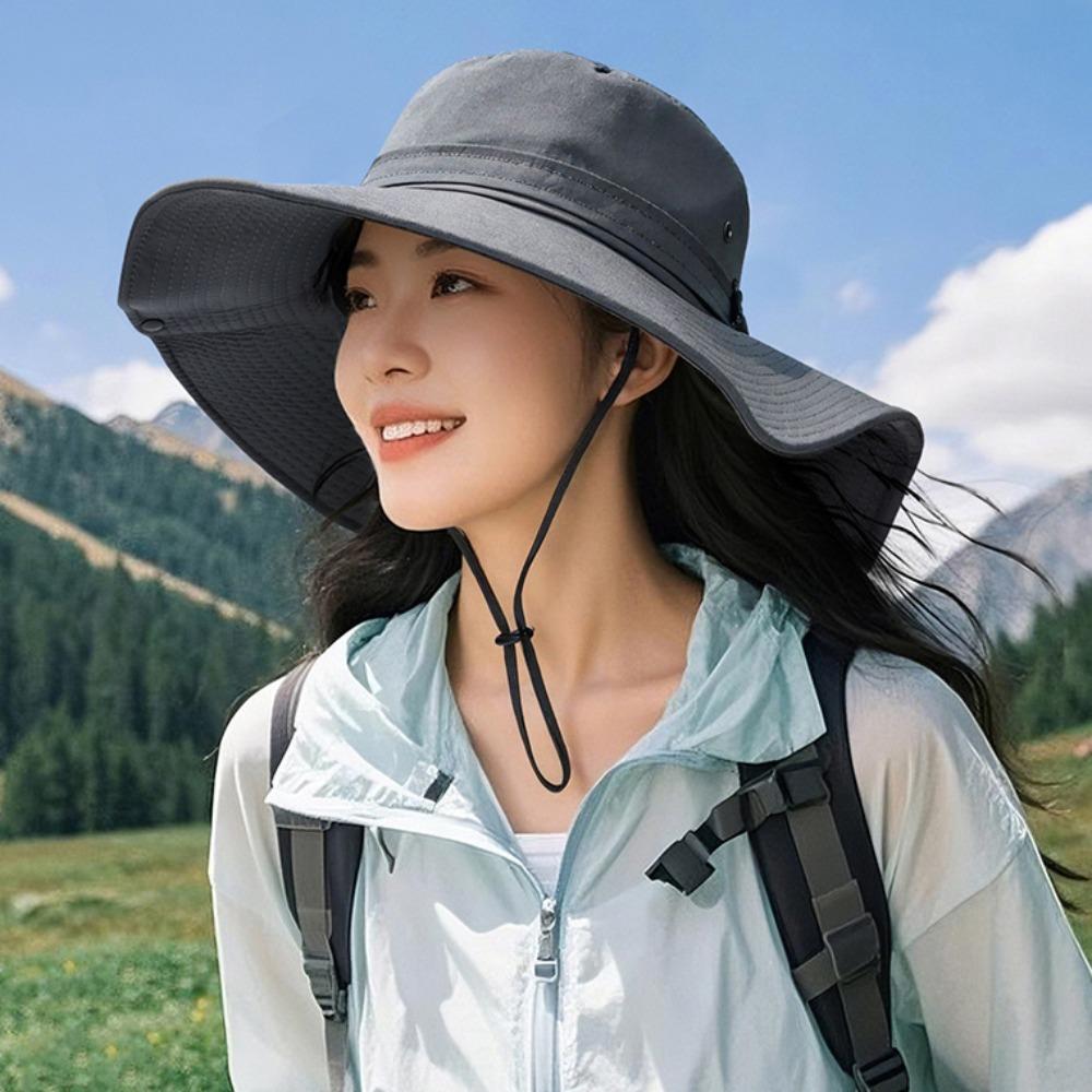 Big Brim Hiking Fisherman Hat Quick-dry Men Bucket Cap Fashion Drawstring Sun Hat Outdoor