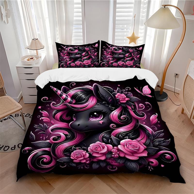 3pcs Noble Black Unicorn Printed Duvet Cover Set (1 * Cover+2 * Pillowcase, Without Core), Suitable for Home Bedroom, Guest Room, Dormitory Decor