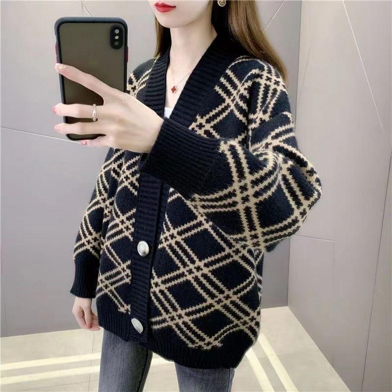 Ромбовидный контрастный вязаный кардиган, женский свитер, осень 2023, новый женский свитер, пальто, универсальный свободный свитер, кардиган, женский топ