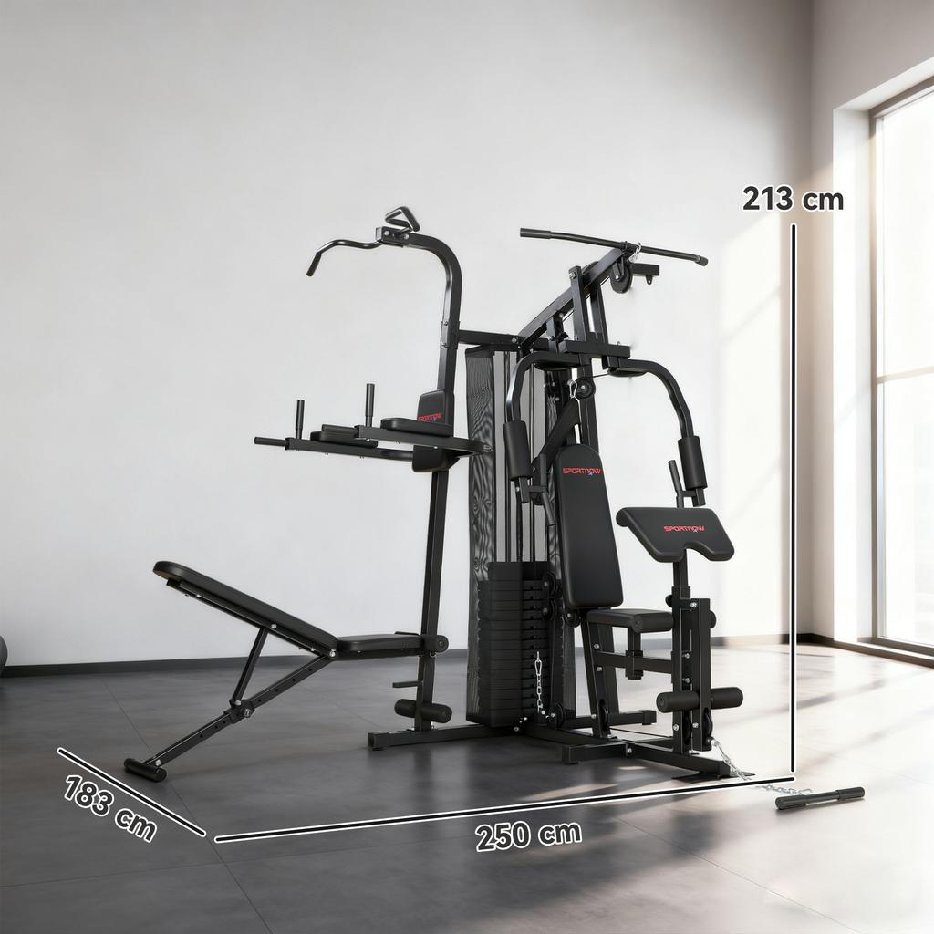 Multifunctional Training Station, Home Fitness Machine for Over 10 Exercises, Weights, Adjustable Fitness Bench, Black