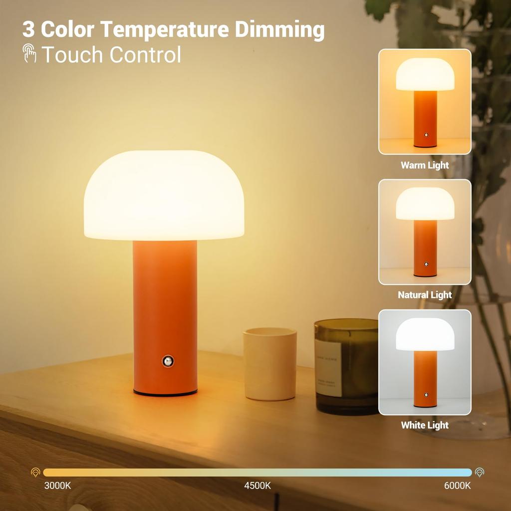 Mushroom Table Lamp Rechargeable Touch Light Stepless Dimming Bedside Lamp Orange