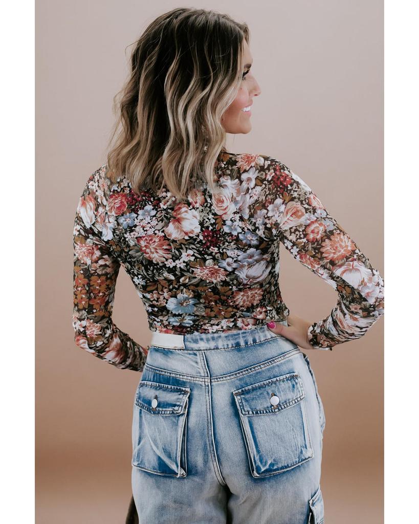 Azura Exchange Коричневая сетчатая блузка с цветочным принтом и длинными рукавами и высоким воротом