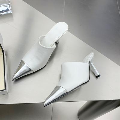 Элегантные Модные Серебристые Вечерние Туфли-Лодочки Женские Тапочки Тонкий Низкий Каблук Дизайн с Острым Носком Слипоны Летние Мюли Шлепанцы Обувь