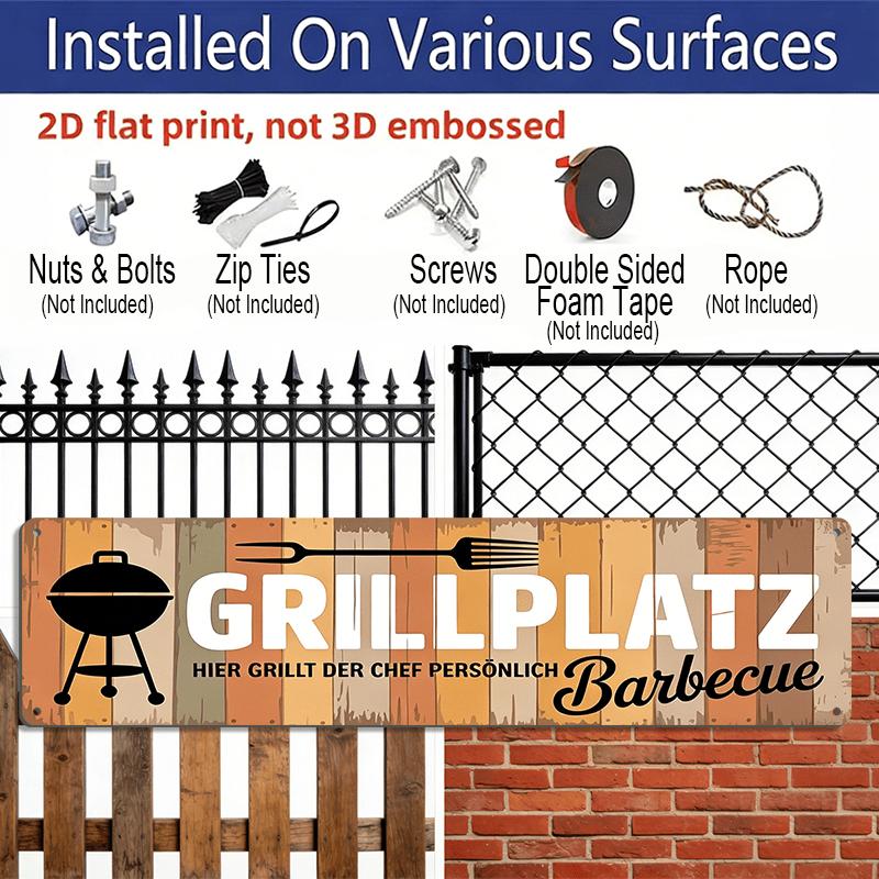 2D Flat 1pc German BBQ Grillplatz Sign-Rustic Aluminium Decorative Sign Suitable for Patio, Garden, Deck, Outdoor Decoration with German Lettering
