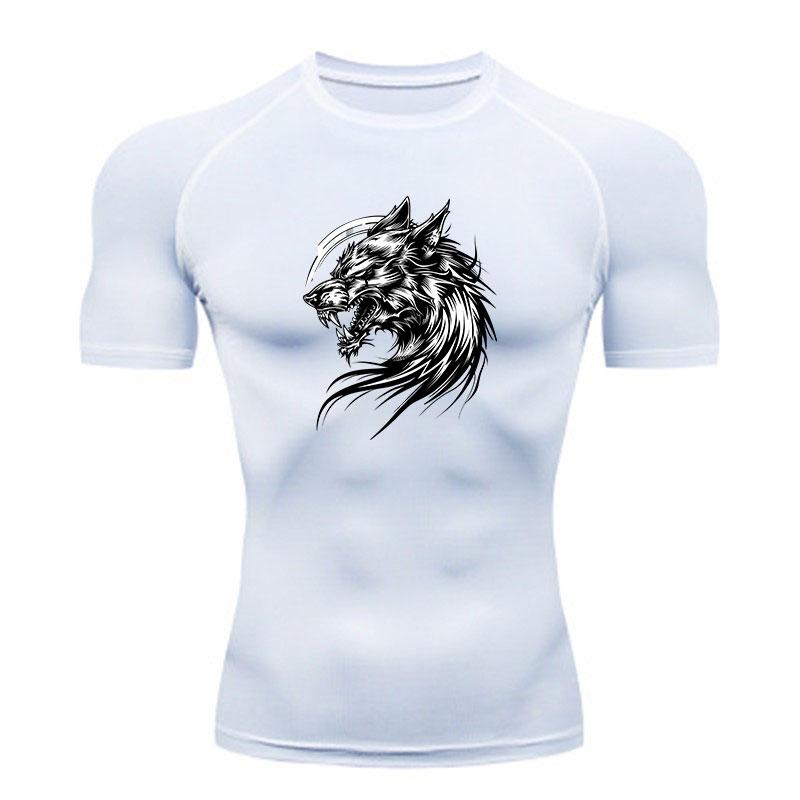 Men's Compression Workout T-Shirt, Ferocious Roaring Wolf Gr