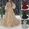 Women Evening Dress V Neck Lantern Sleeve Shiny Sequin Beading Padded A-line Floor Length Mesh Double-layered Cocktail Party Dress Formal Prom Gown