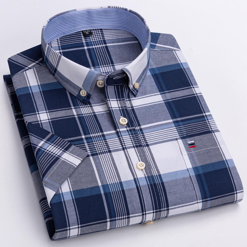 Мужская модная универсальная оксфордская рубашка с коротким рукавом с одним нагрудным карманом, удобные повседневные рубашки из чистого хлопка в клетку в полоску