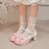 Sweet High-heeled Single Shoes Thick-heeled  Shoes Bow Spring and Autumn New Round Head Waterproof Table One-word Buckle Light-mouth Shoes