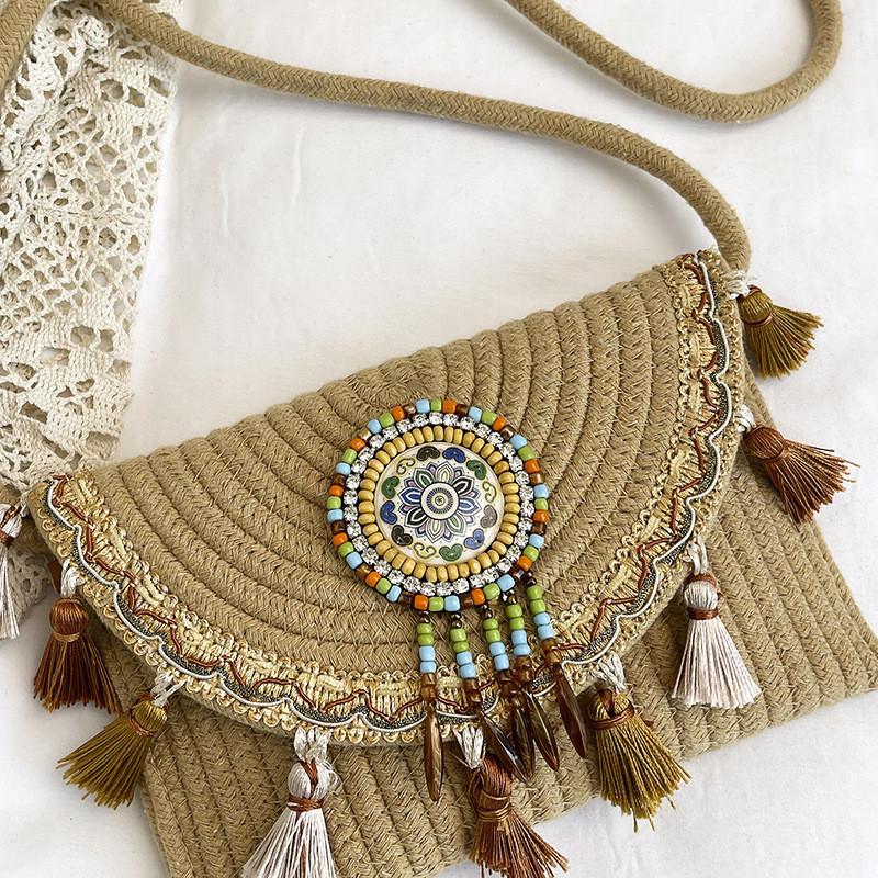 Handmade Seagrass Bag Small Shoulder With Suede Tassels For Women