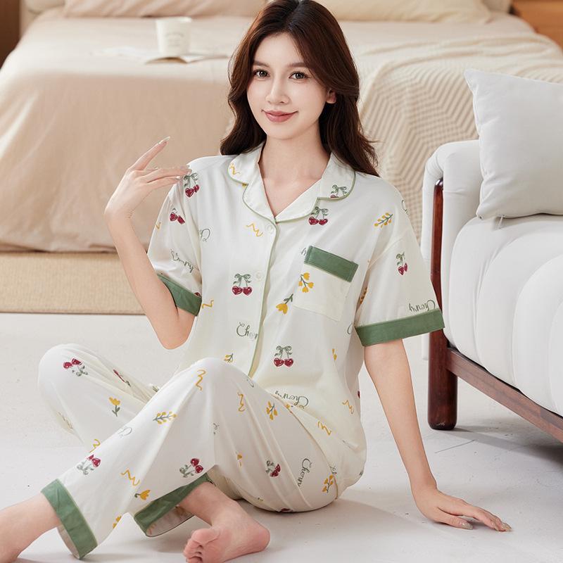 Guofeng high-end middle-aged mother generation imitation cotton pajamas floral design short sleeves trousers loose large size set