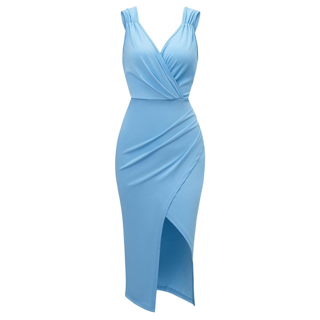 Women Spring Solid Color V-Neck Sleeveless Dress Summer Casual A-Line High Waist Irregular Split Middle Long Dresses S-XL