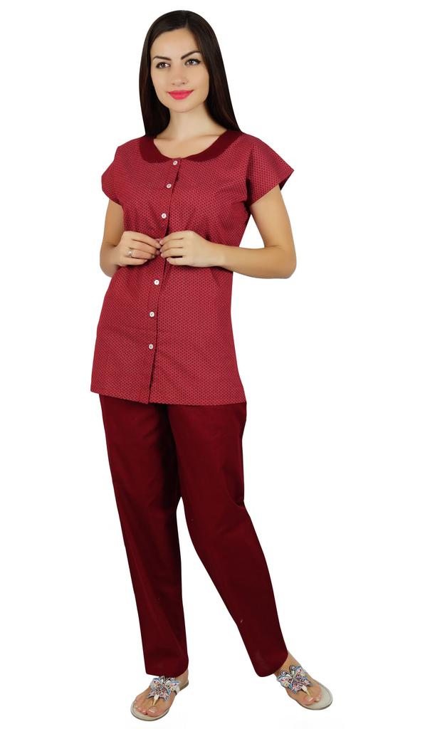 Bimba Womens Cotton Pajama Night Wear Set Short Sleeve Shirt with Pyjamas - Night