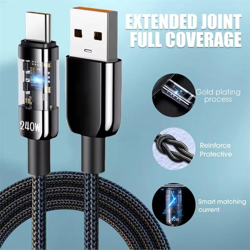 Кабель USB C для быстрой зарядки 240 Вт 10 А, нейлоновая оплетка, прозрачный кабель Type C для высокоскоростной зарядки для Samsung Huawei Mi, линия передачи данных