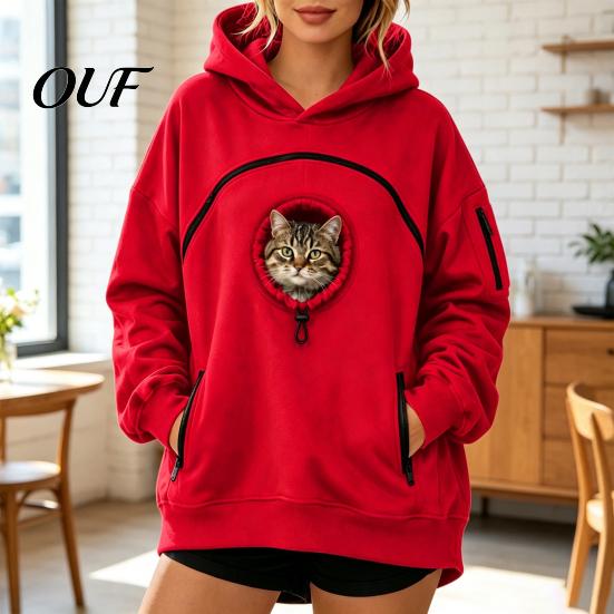 Cat Holder Pullover Women Pet Carrier Hoodie with Front Side Pockets, Solid Color Casual Hooded Dog Sweatshirt, Carrying Pouch Top for Autumn