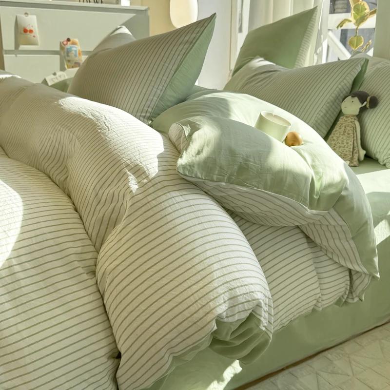 Pure Cotton Home Textile Striped Bedding Set Simple Soft Duvet Cover Sheet Pillowcase Ins Style Bed Linens Queen King Size