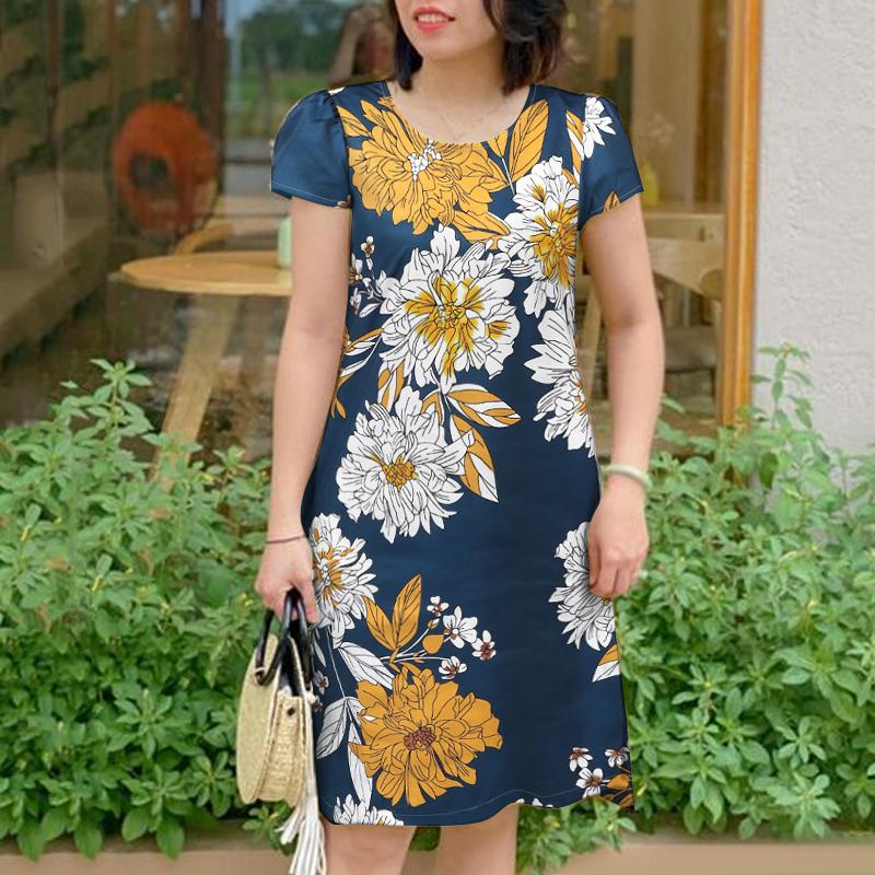 ZANZEA Women Casual Round Neck Short Sleeve Summer Print Dress