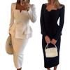 2 Pcs/Set Women Coat Skirt Suit Square Neck Double-breasted Solid Color Long Sleeve Top Slim Fit Skirt Prom Business Office Outfit
