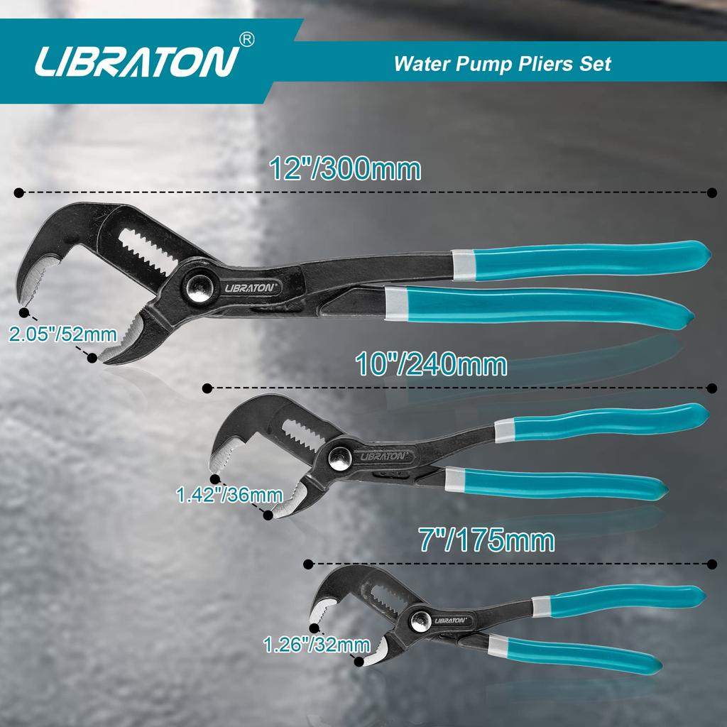 LIBRATON Water Pump Pliers Set of 3 175 240 300mm Steel Plier Wrench Plumbing Tool with Case CR-V