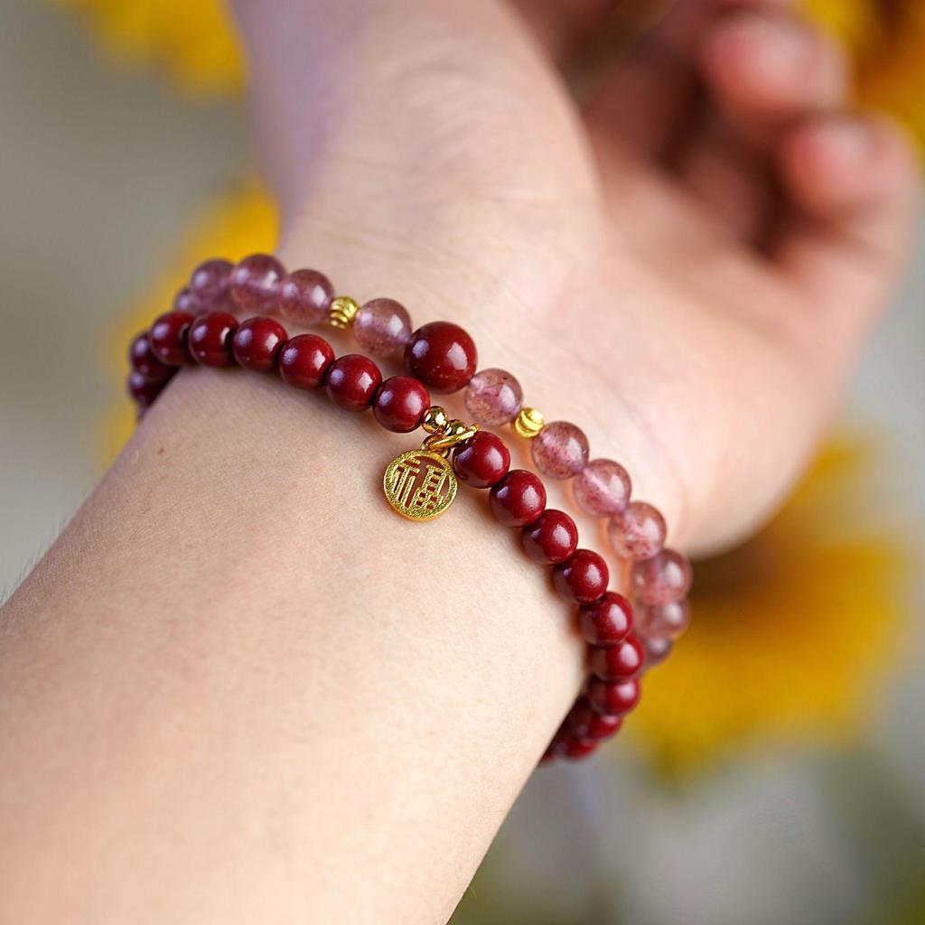 Женский браслет из бусин из киновари и клубничного кристалла: Буддийские украшения в ретро китайском стиле