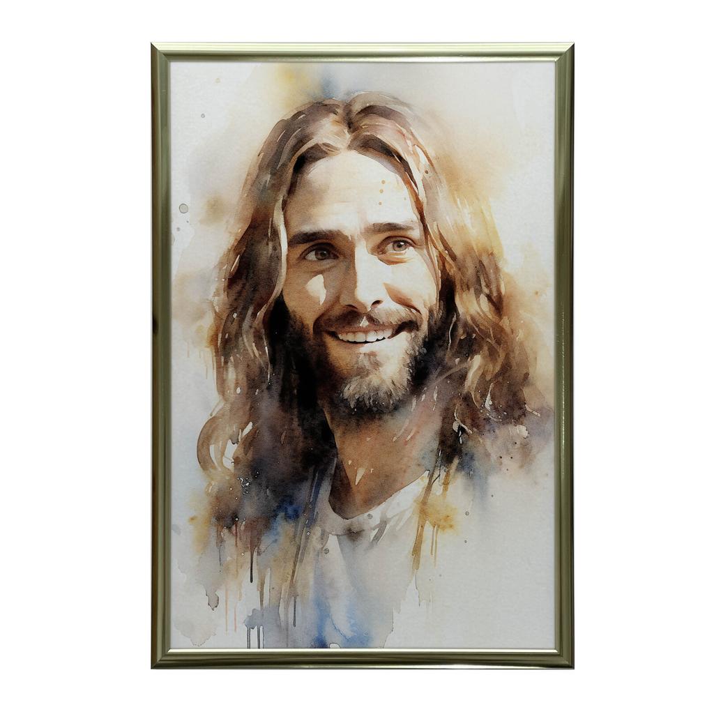 Uśmiechnięty Jezus Uśmiechnięty Jezus, 30X40 Cm, Rama Aluminiowa Złota, Papier Matowy 230 Gsm