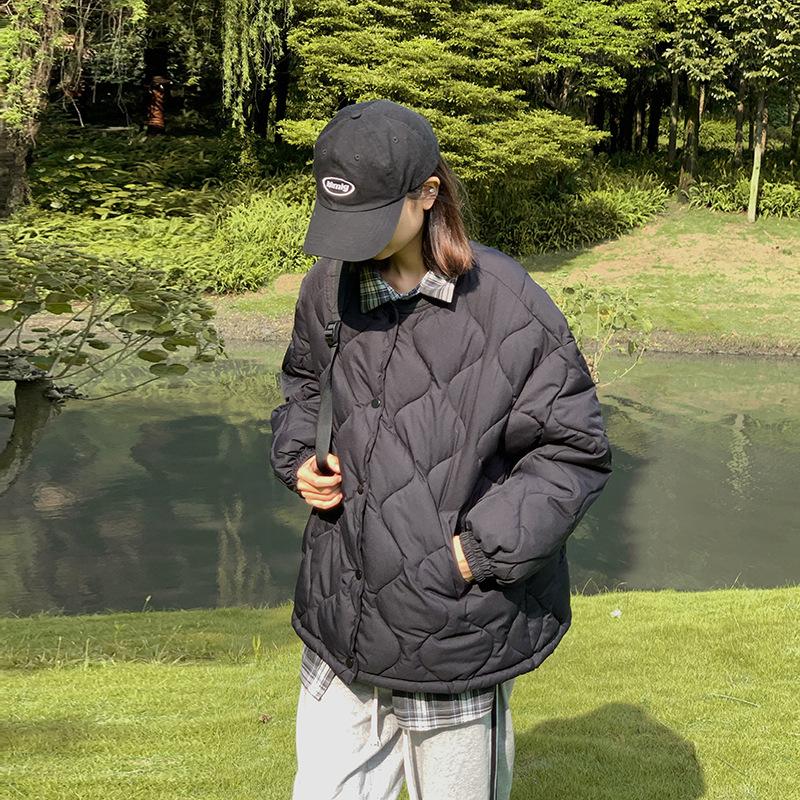 Новая тонкая куртка с хлопковой подкладкой Осень и Зима Короткая с крупным ромбовидным узором Без воротника Куртка с хлопковой подкладкой Куртка для пар