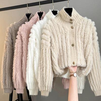 Свитера Пальто Кардиган для Женщин Осень Зима Винтажный Свободный Трикотажный Кардиган с Длинным Рукавом Свитера с Высоким Горлом Куртка