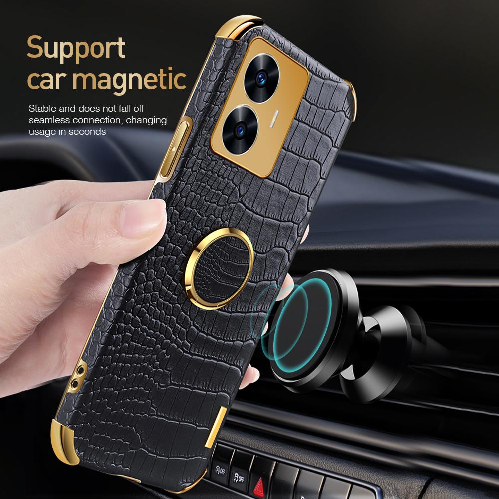 Кожаный чехол с 6D покрытием под крокодила для Realme 11 Pro Plus C55 C35, мягкий чехол-держатель с магнитным кольцом и подставкой