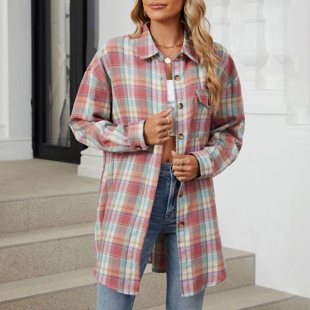 Женская модная широкая клетчатая куртка-рубашка с длинными рукавами и карманами на пуговицах