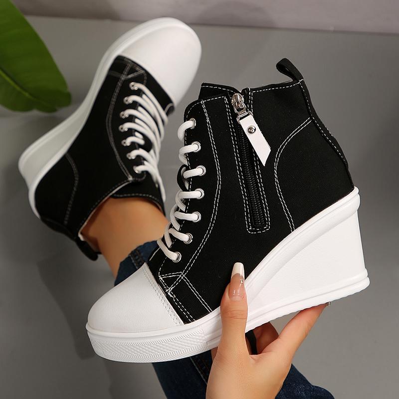Lightweight Wedge Sneakers for Women Fashion Platform High Top Canvas Shoes Woman Zipper Lace Up Casual Walking Shoes Plus Size