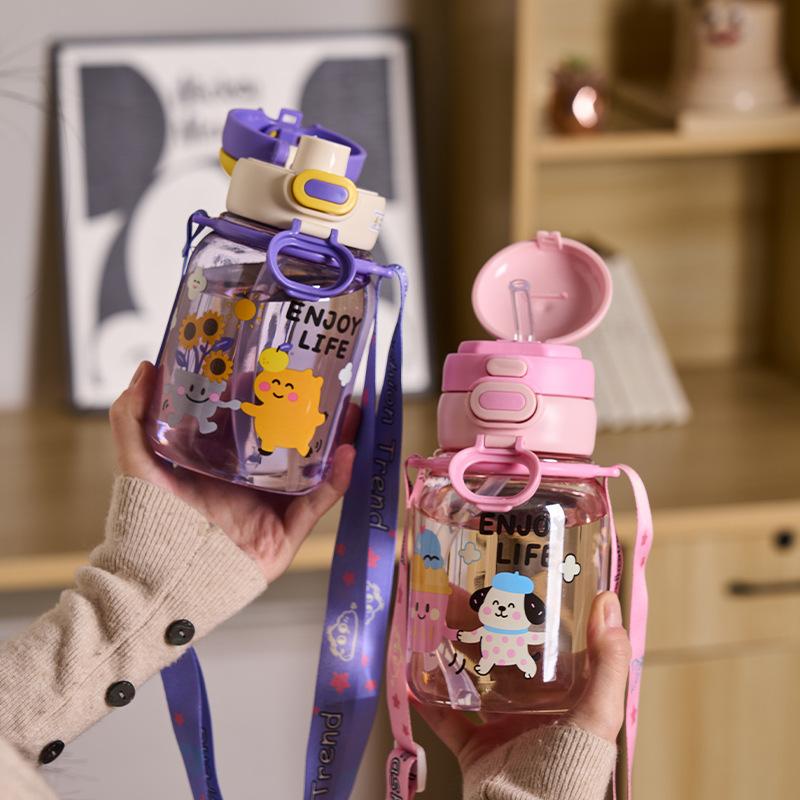 Water bottle children's water cup new food grade strap crossbody kettle kindergarten baby straw cup go out portable high temperature