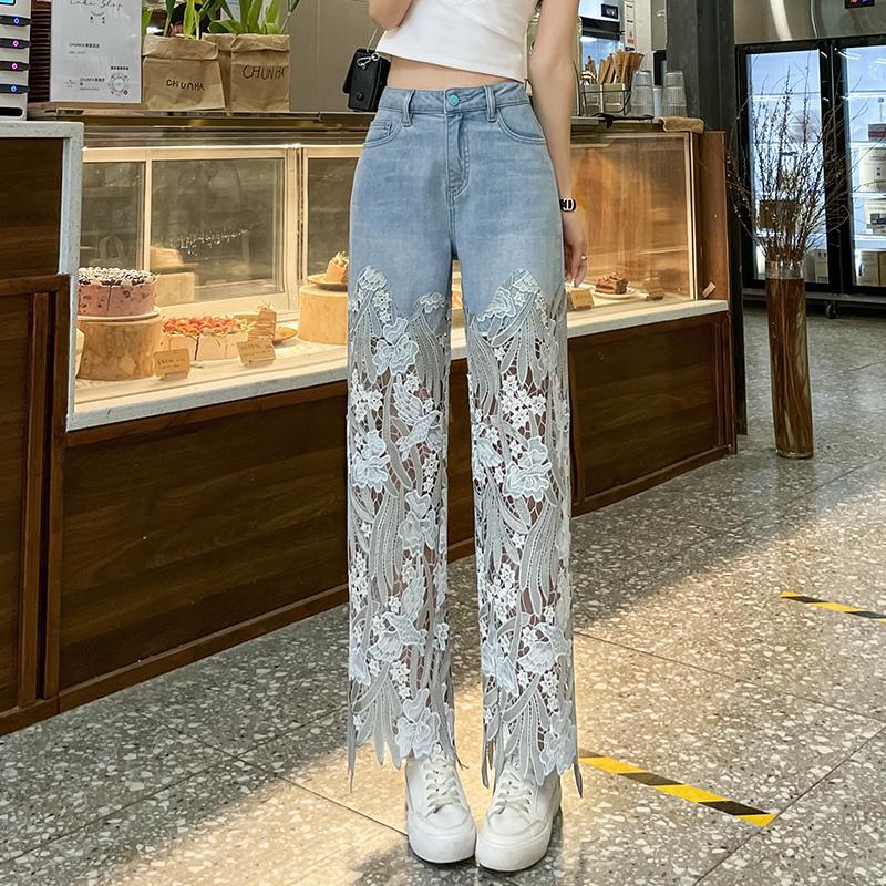 Women's Lace Patchwork Jeans Summer Straight Slim Retro Casual Pants