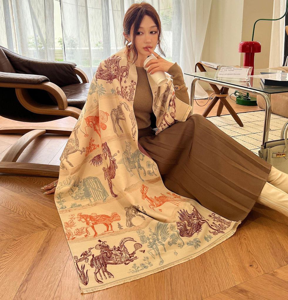 Женский модный зимний шарф из искусственного кашемира 2024 года — теплая, толстая жаккардовая шаль