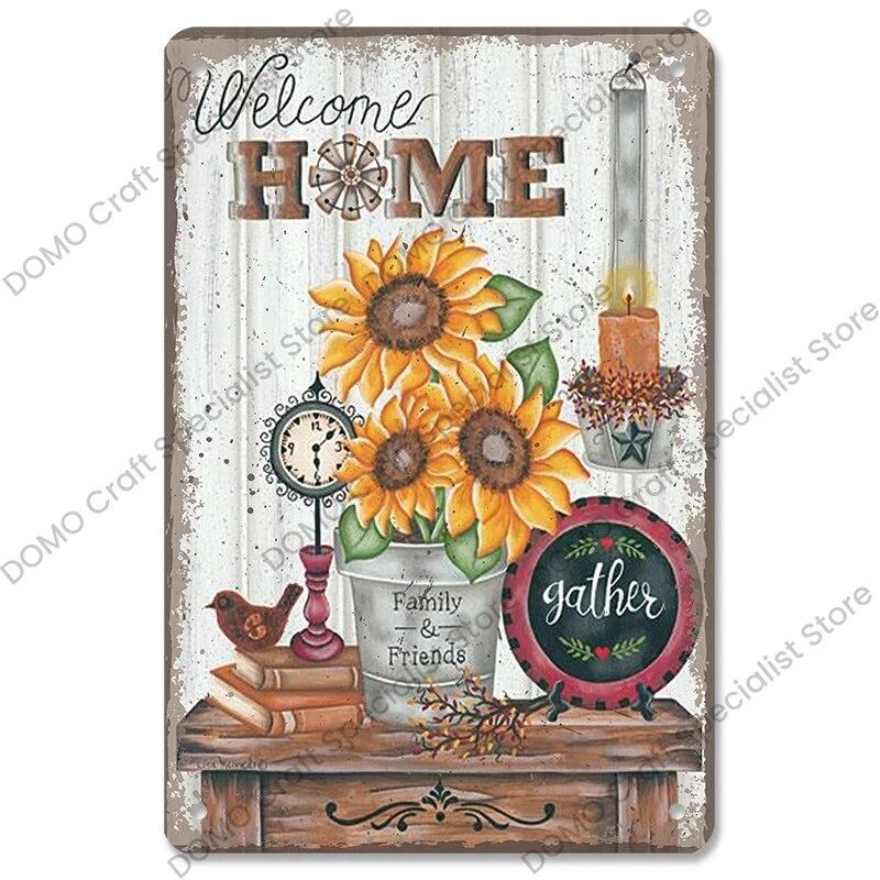 Приветственный плакат, металлическая пластина, винтажная тыква, подсолнух, птица, металлические жестяные знаки, настенный декор, садовая дверь, кафе, вечеринка