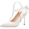 Size 35-40 Stiletto Heel Point Toe Pearls Buckle Belt 9cm High Heel Ladies Bow Satin Fabric White Wedding Shoes Women Pumps
