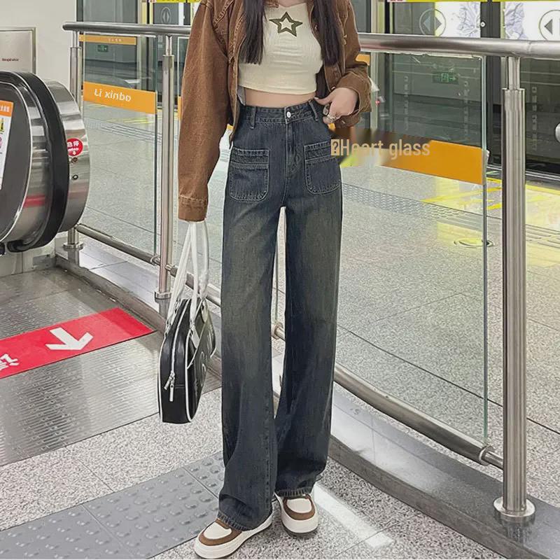 Женские узкие джинсы прямого кроя с высокой талией цвета цемента и серого цвета — ностальгический американский стиль, широкие штанины.