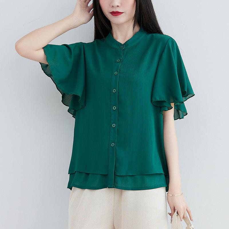 Literary Summer Loose Stand Collar Solid Color Short Sleeve Shirt Women's Fashion Flying Sleeve Blouse Top