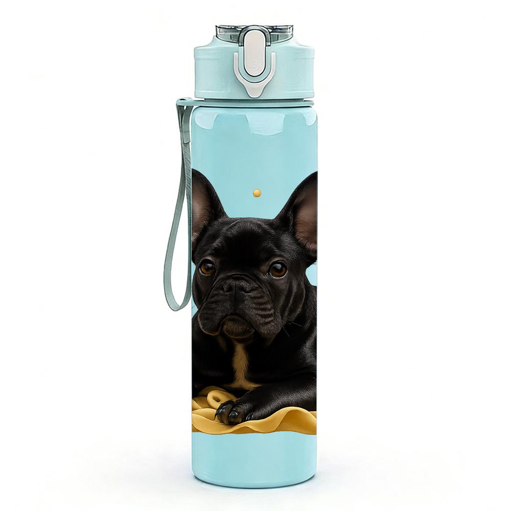 1PC Black French Bulldog Bust 750ml Color Plastic Sports Water Bottle Leakproof Flip Straw Lid For Sports Office Home Use