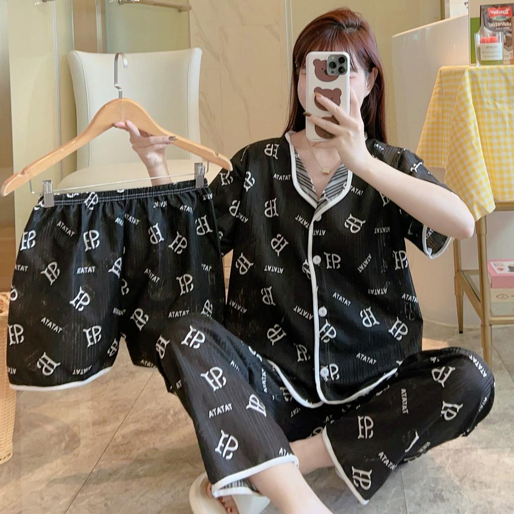 Short-Sleeved Pajamas Three-Piece Korean Version Of Sweet And Cute Cardigan Women'S Loungewear