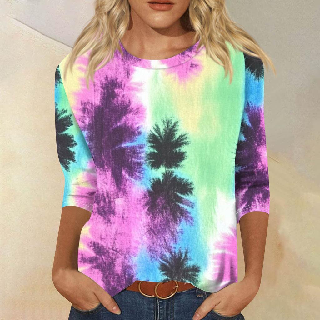 Женская модная повседневная футболка с рукавом семь восьмых, принтом и круглым вырезом