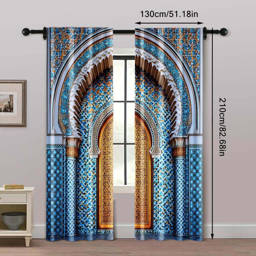 2pc, Curtain Ancient Morocco Palace Door Print Durable Polyester,Without Electricity Versatile Suitable for Multipurpose Event