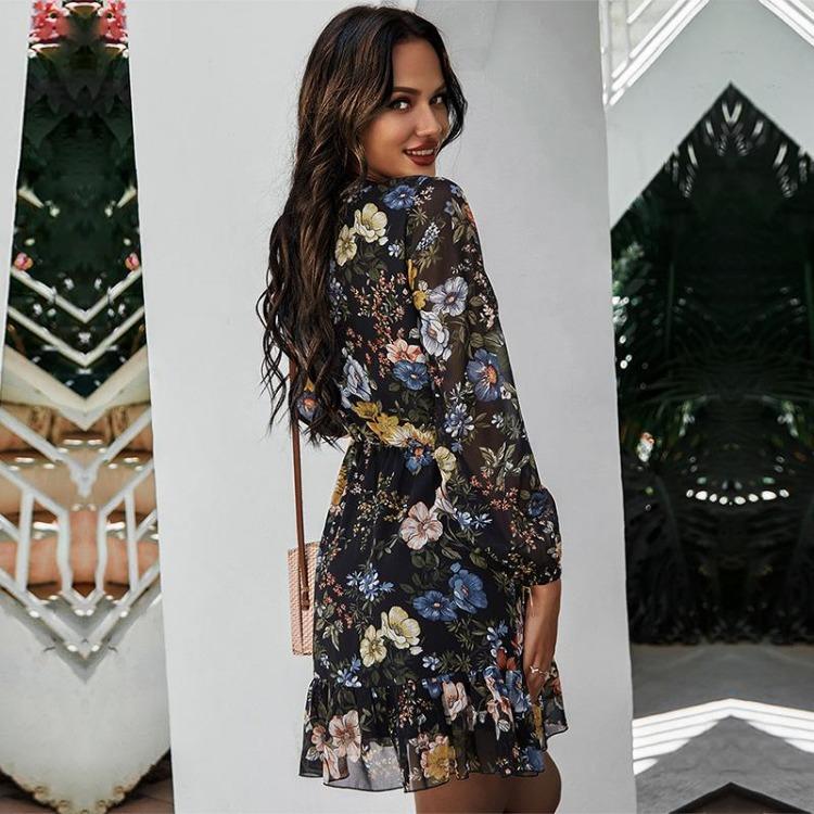 Summer Floral Print Mini Dress Women Sleeve Chiffon A-Line Lace Up High Waist Spring Black White Navy S-XXL