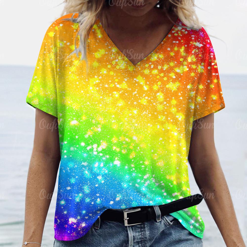 2025 Летние футболки с V-образным вырезом и ярким принтом для женщин, 3D цветочная эстетика, повседневные топы оверсайз, модный Харадзюку