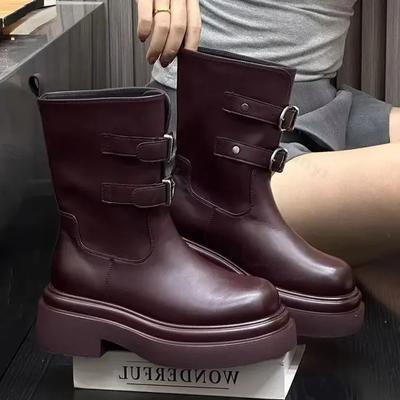 Модные осенне-зимние женские сапоги на толстом каблуке до середины голени 2024 года, новые готические сапоги для мотоциклистов, модные удобные ботинки с пряжкой спереди