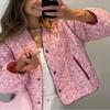 Французский шик винтажный хлопковый стеганый пиджак для женщин осень ретро Y2k розовый принт лоскутная одежда милый стиль V-образный вырез длинный рукав куртка