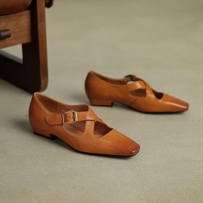 Krazing Pot Cow Skin Spring Summer Size 40 Thick Low Heels Women Square ToeShallow Pumps