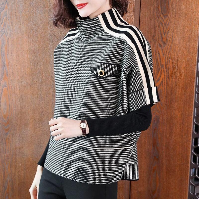 Женская повседневная вязаная короткая куртка Осень Клетчатый Универсальный многослойный топ Верхняя одежда из двух частей